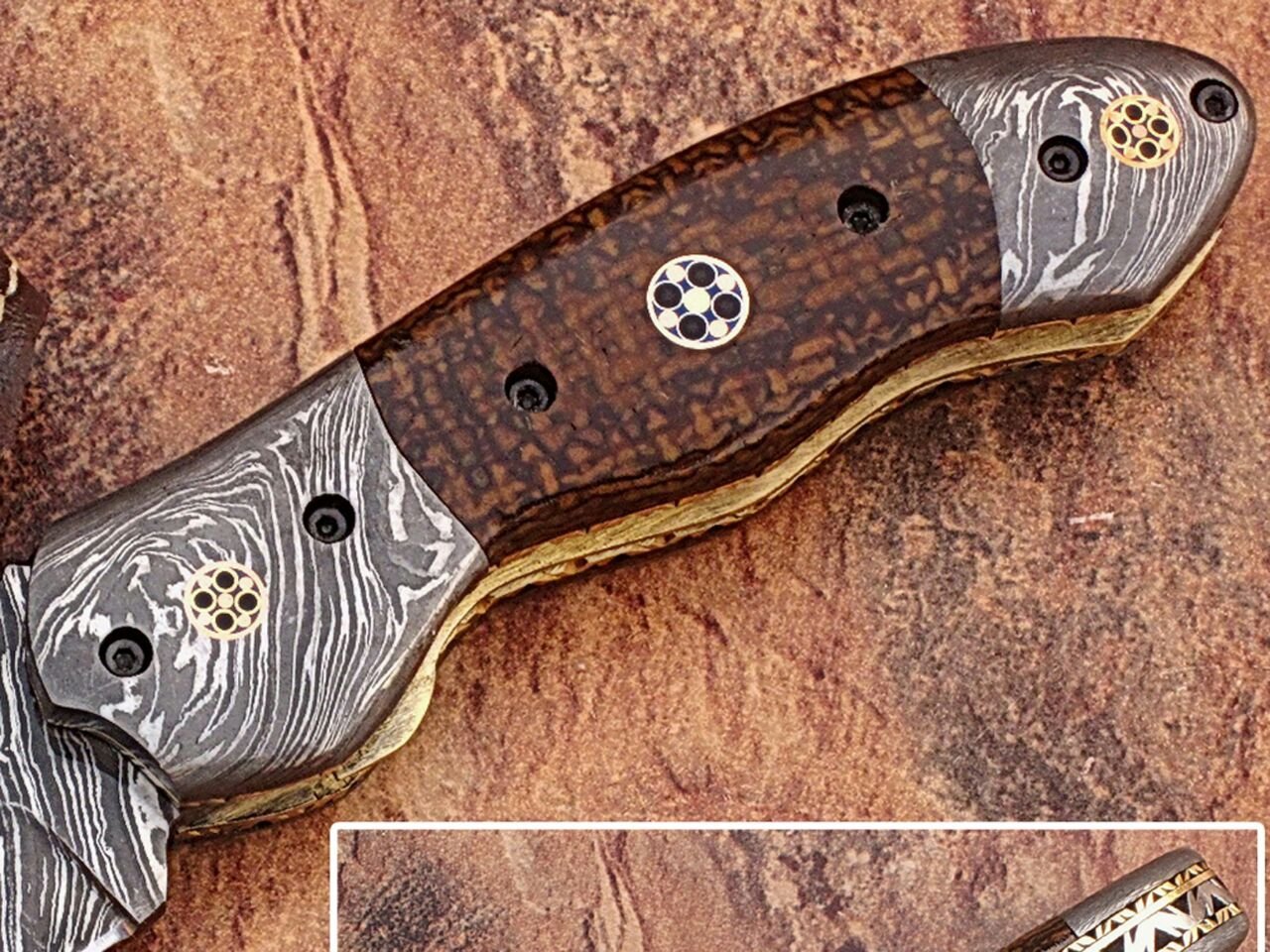 White Deer Unique Damascus Steel Tanto Wharncliffe Folding Knife Micarta Handle