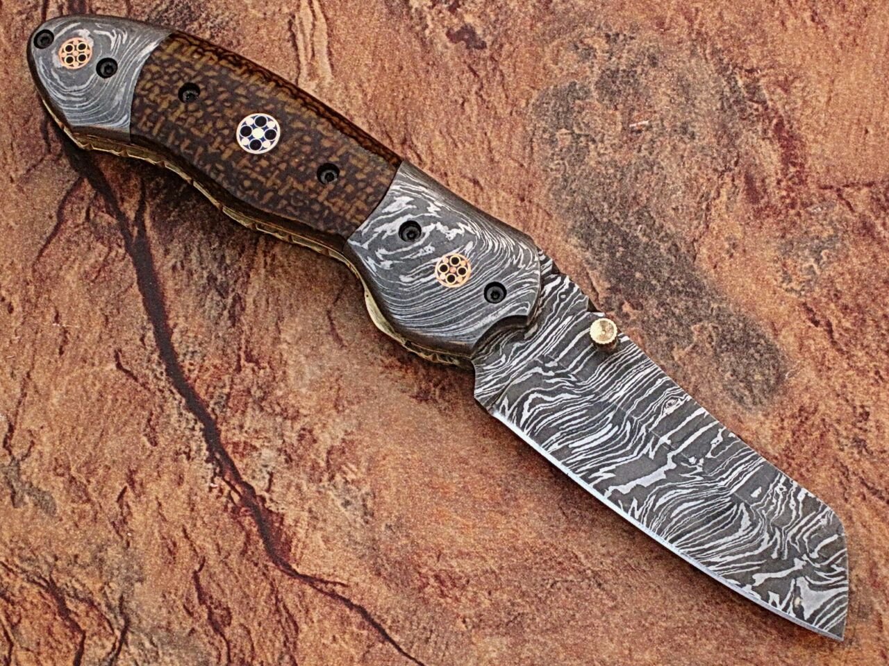 White Deer Unique Damascus Steel Tanto Wharncliffe Folding Knife Micarta Handle
