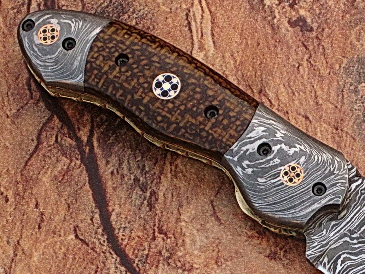 White Deer Unique Damascus Steel Tanto Wharncliffe Folding Knife Micarta Handle