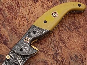 Alaska Mariners Folding Damascus Knife Pattern Welded Bolster Camel Bone Grip