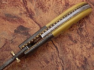 Alaska Mariners Folding Damascus Knife Pattern Welded Bolster Camel Bone Grip