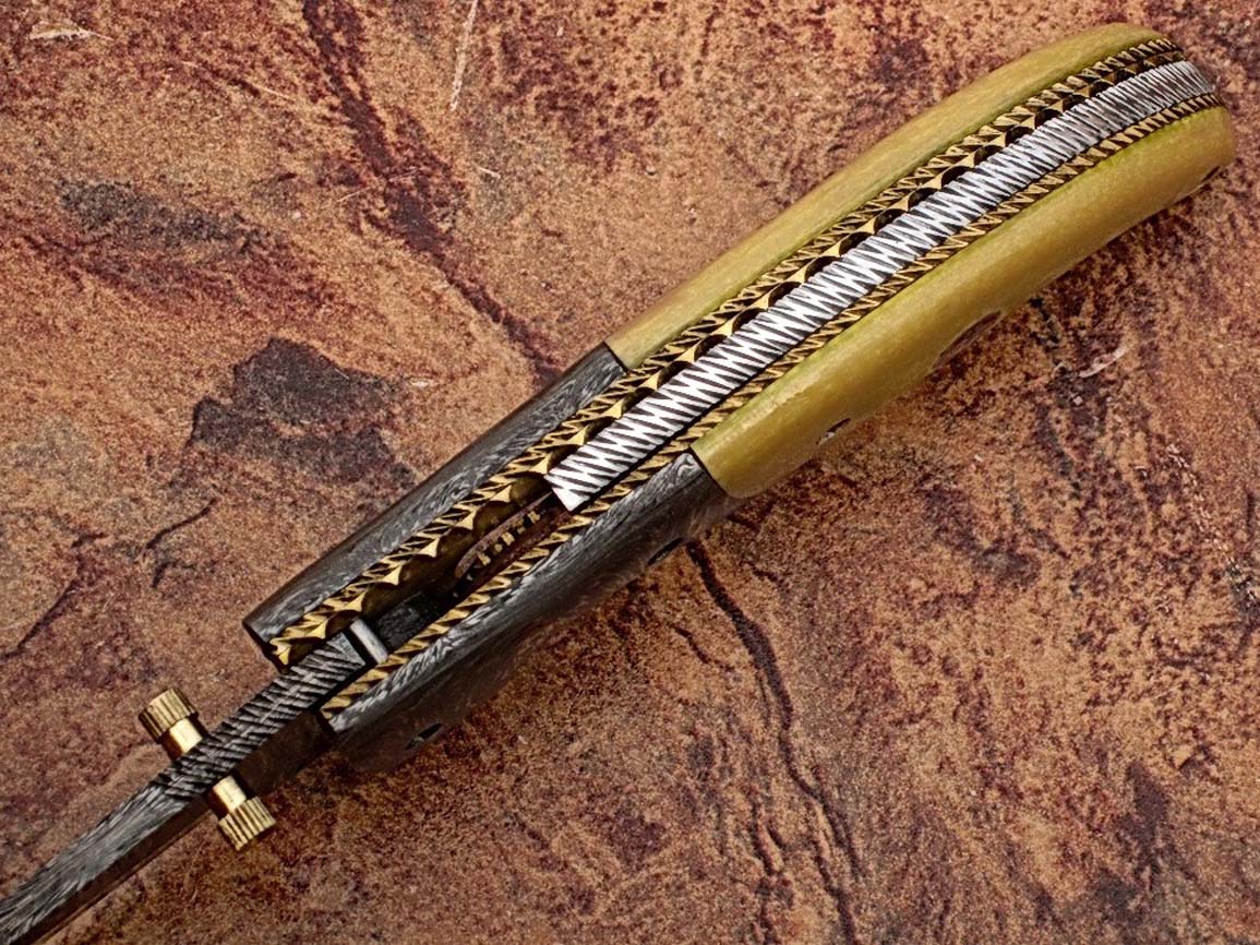 Alaska Mariners Folding Damascus Knife Pattern Welded Bolster Camel Bone Grip