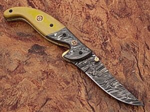 Alaska Mariners Folding Damascus Knife Pattern Welded Bolster Camel Bone Grip