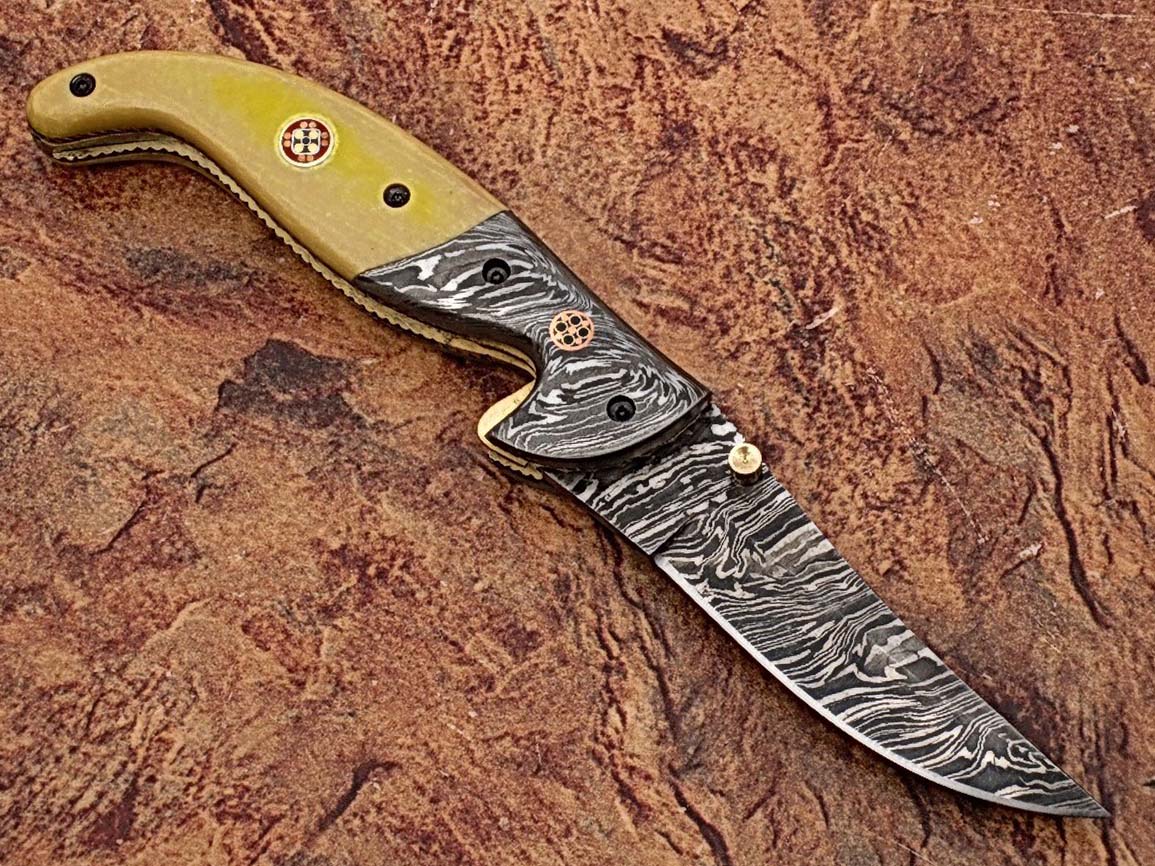 Alaska Mariners Folding Damascus Knife Pattern Welded Bolster Camel Bone Grip