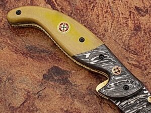 Alaska Mariners Folding Damascus Knife Pattern Welded Bolster Camel Bone Grip