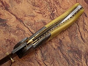 Alaska Mariners Folding Damascus Knife Pattern Welded Bolster Camel Bone Grip