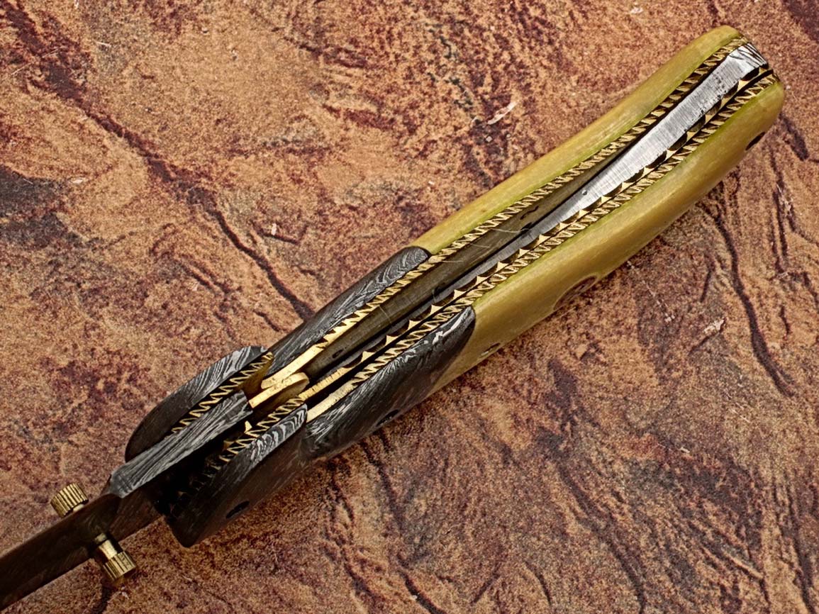 Alaska Mariners Folding Damascus Knife Pattern Welded Bolster Camel Bone Grip