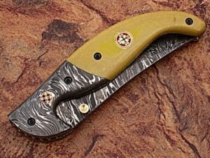 Alaska Mariners Folding Damascus Knife Pattern Welded Bolster Camel Bone Grip