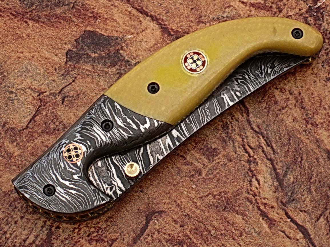Alaska Mariners Folding Damascus Knife Pattern Welded Bolster Camel Bone Grip