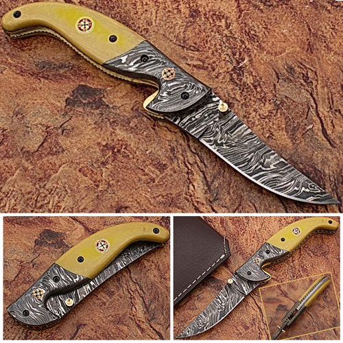 Alaska Mariners Folding Damascus Knife Pattern Welded Bolster Camel Bone Grip