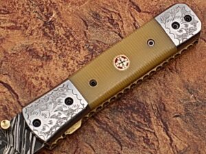 Italian Stallion Damascus Folding Knife ENGRAVED Steel Bolster Camel Bone Grip