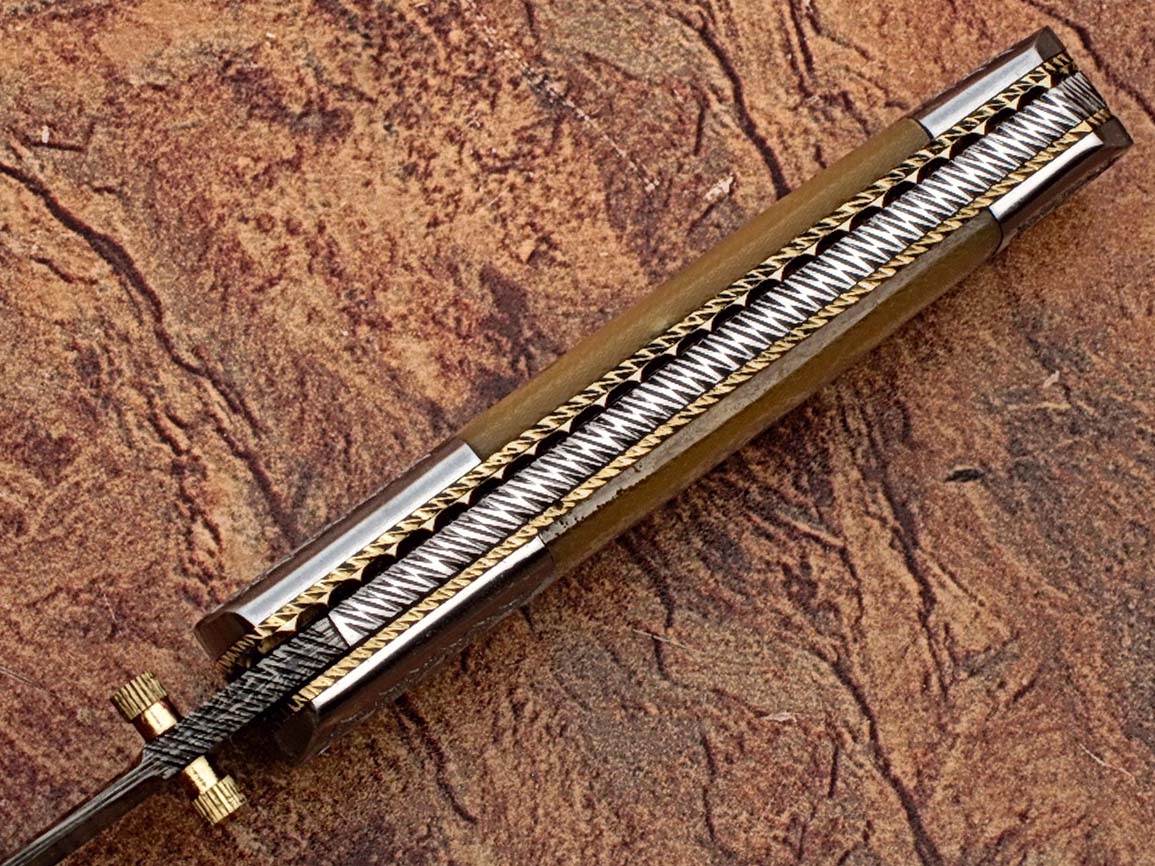 Italian Stallion Damascus Folding Knife ENGRAVED Steel Bolster Camel Bone Grip