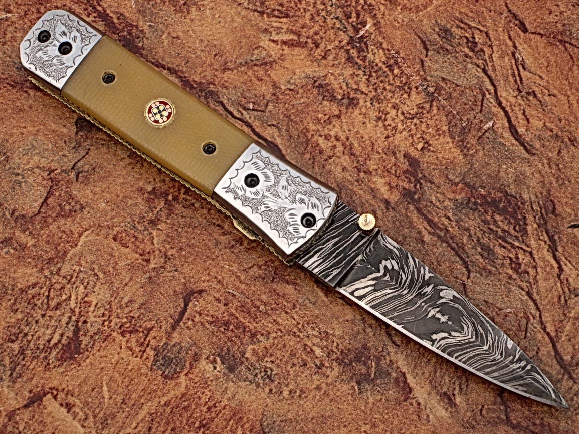 Italian Stallion Damascus Folding Knife ENGRAVED Steel Bolster Camel Bone Grip