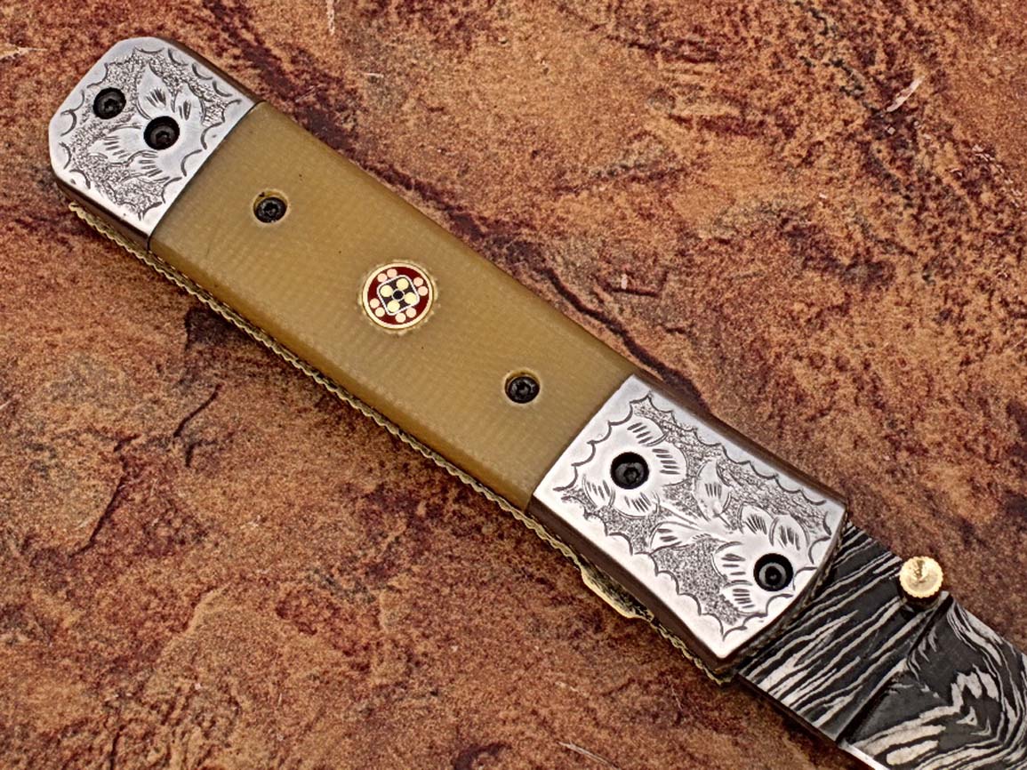 Italian Stallion Damascus Folding Knife ENGRAVED Steel Bolster Camel Bone Grip