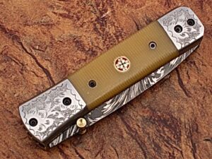 Italian Stallion Damascus Folding Knife ENGRAVED Steel Bolster Camel Bone Grip