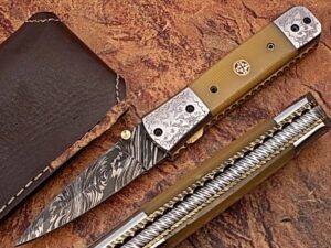 Italian Stallion Damascus Folding Knife ENGRAVED Steel Bolster Camel Bone Grip