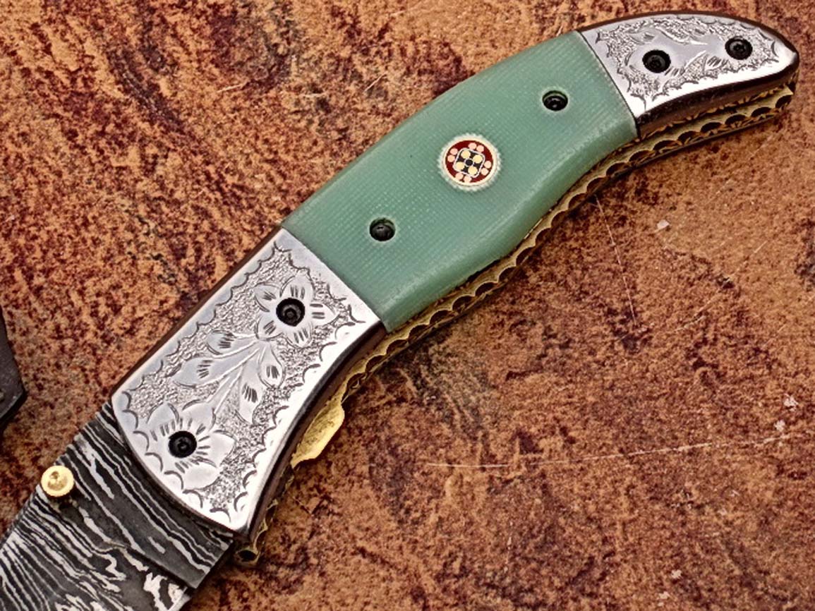 Magnum Trailmaster Damascus Folding Knife ENGRAVED Steel Bolster Composite Grip