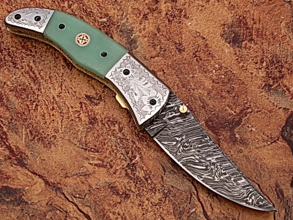 Magnum Trailmaster Damascus Folding Knife ENGRAVED Steel Bolster Composite Grip