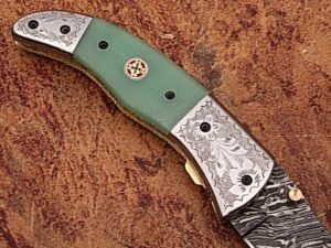 Magnum Trailmaster Damascus Folding Knife ENGRAVED Steel Bolster Composite Grip