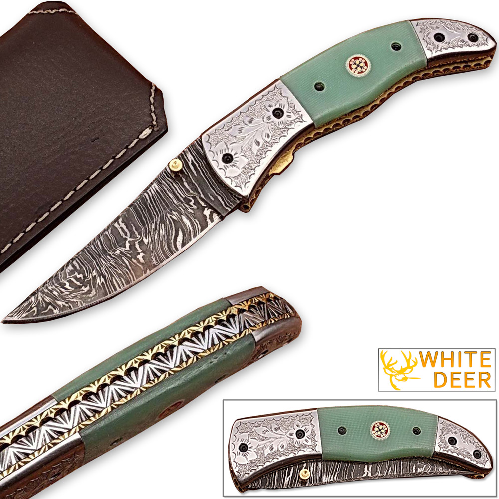 Magnum Trailmaster Damascus Folding Knife ENGRAVED Steel Bolster Composite Grip