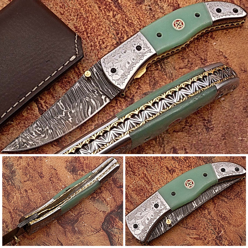 Magnum Trailmaster Damascus Folding Knife ENGRAVED Steel Bolster Composite Grip