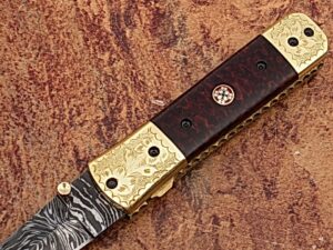 Signature Executive Series Italian-Style Damascus Folding Knife ENGRAVED Brass Bolster Rainwood Grip