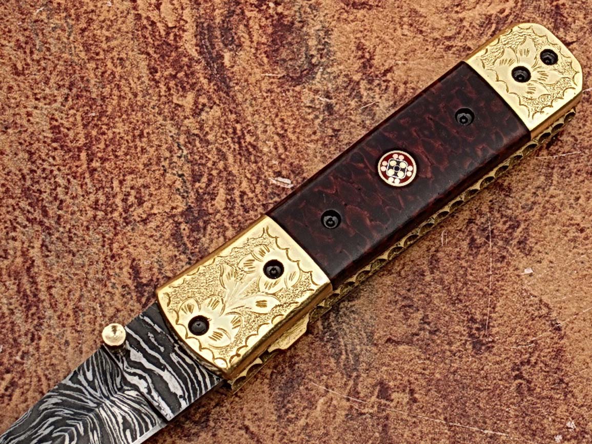 Signature Executive Series Italian-Style Damascus Folding Knife ENGRAVED Brass Bolster Rainwood Grip