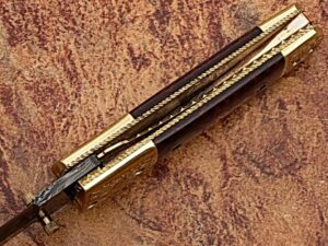 Signature Executive Series Italian-Style Damascus Folding Knife ENGRAVED Brass Bolster Rainwood Grip