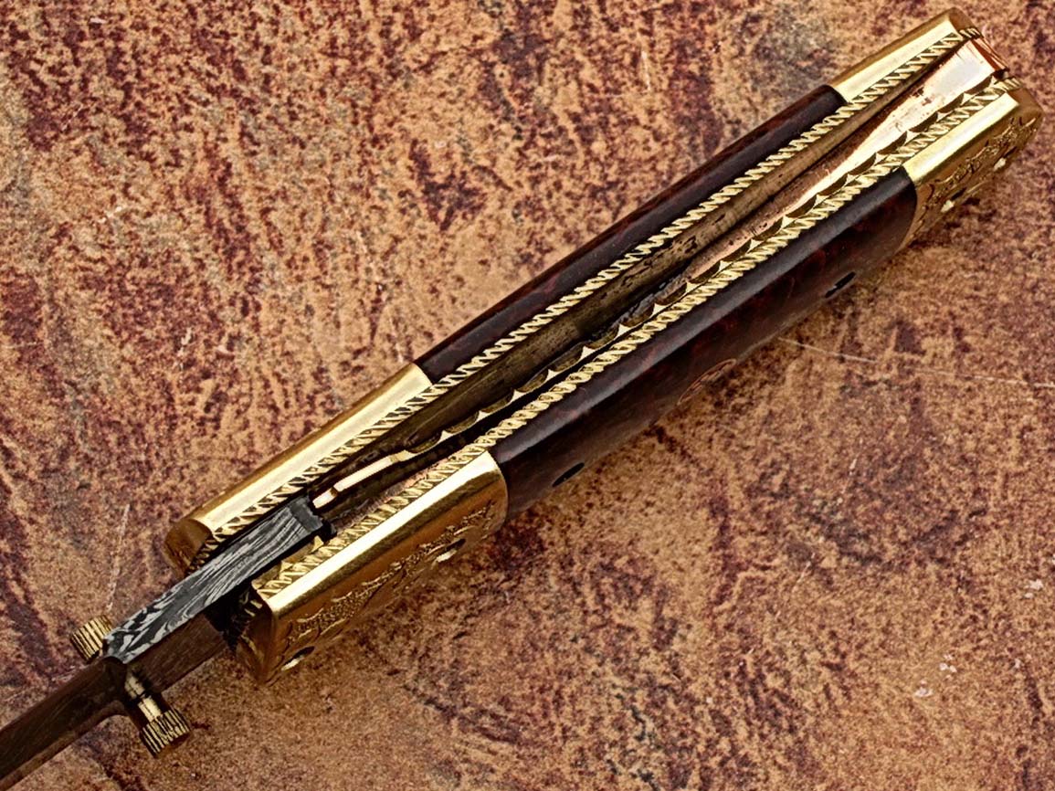 Signature Executive Series Italian-Style Damascus Folding Knife ENGRAVED Brass Bolster Rainwood Grip