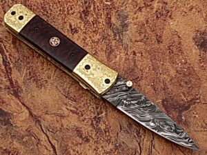 Signature Executive Series Italian-Style Damascus Folding Knife ENGRAVED Brass Bolster Rainwood Grip