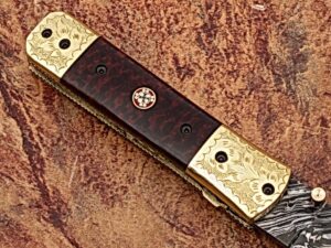 Signature Executive Series Italian-Style Damascus Folding Knife ENGRAVED Brass Bolster Rainwood Grip