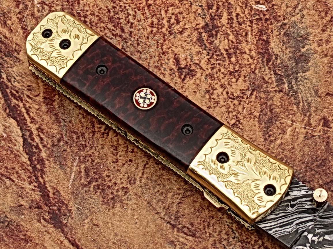 Signature Executive Series Italian-Style Damascus Folding Knife ENGRAVED Brass Bolster Rainwood Grip
