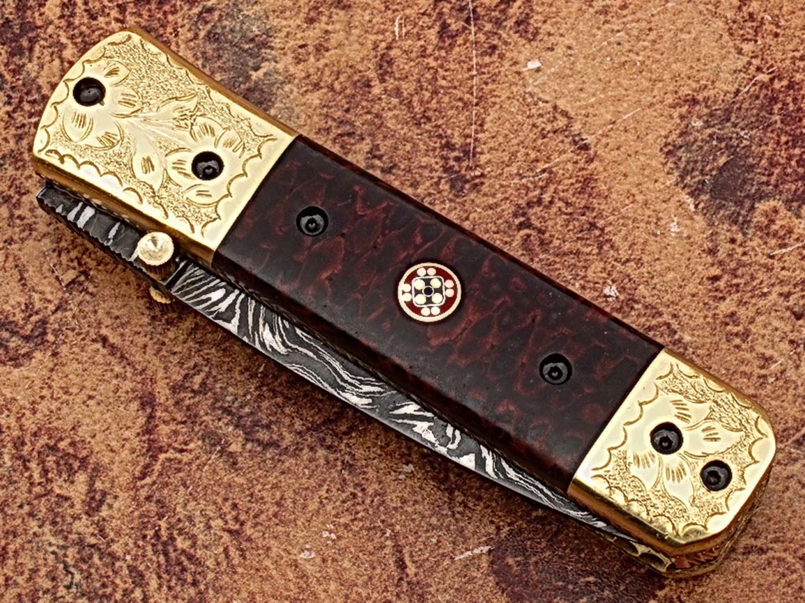 Signature Executive Series Italian-Style Damascus Folding Knife ENGRAVED Brass Bolster Rainwood Grip