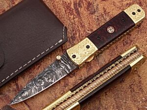 Signature Executive Series Italian-Style Damascus Folding Knife ENGRAVED Brass Bolster Rainwood Grip