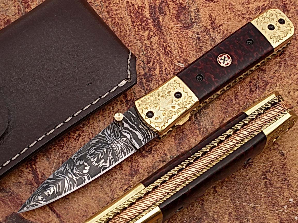 Signature Executive Series Italian-Style Damascus Folding Knife ENGRAVED Brass Bolster Rainwood Grip