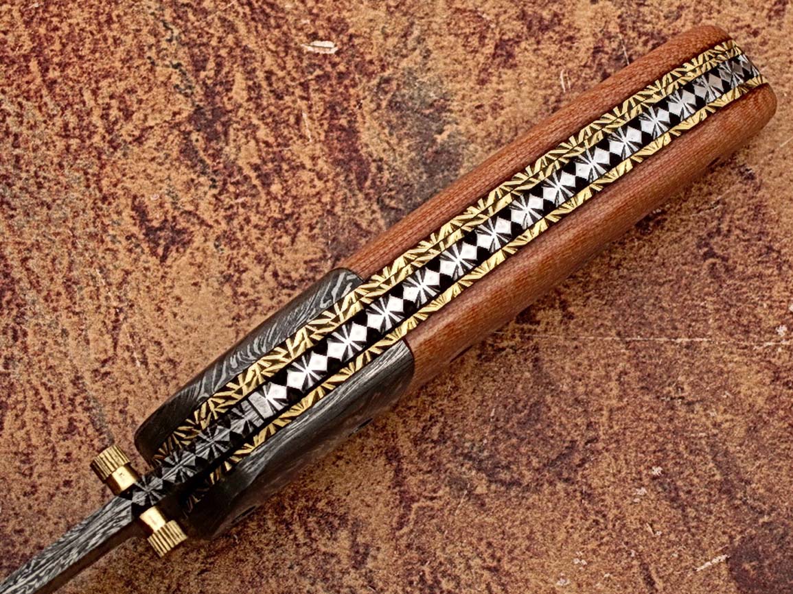 Signature Drop Point Unique Damascus Steel Folding Knife Micarta Wood Handle Handmade