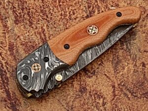 Signature Drop Point Unique Damascus Steel Folding Knife Micarta Wood Handle Handmade