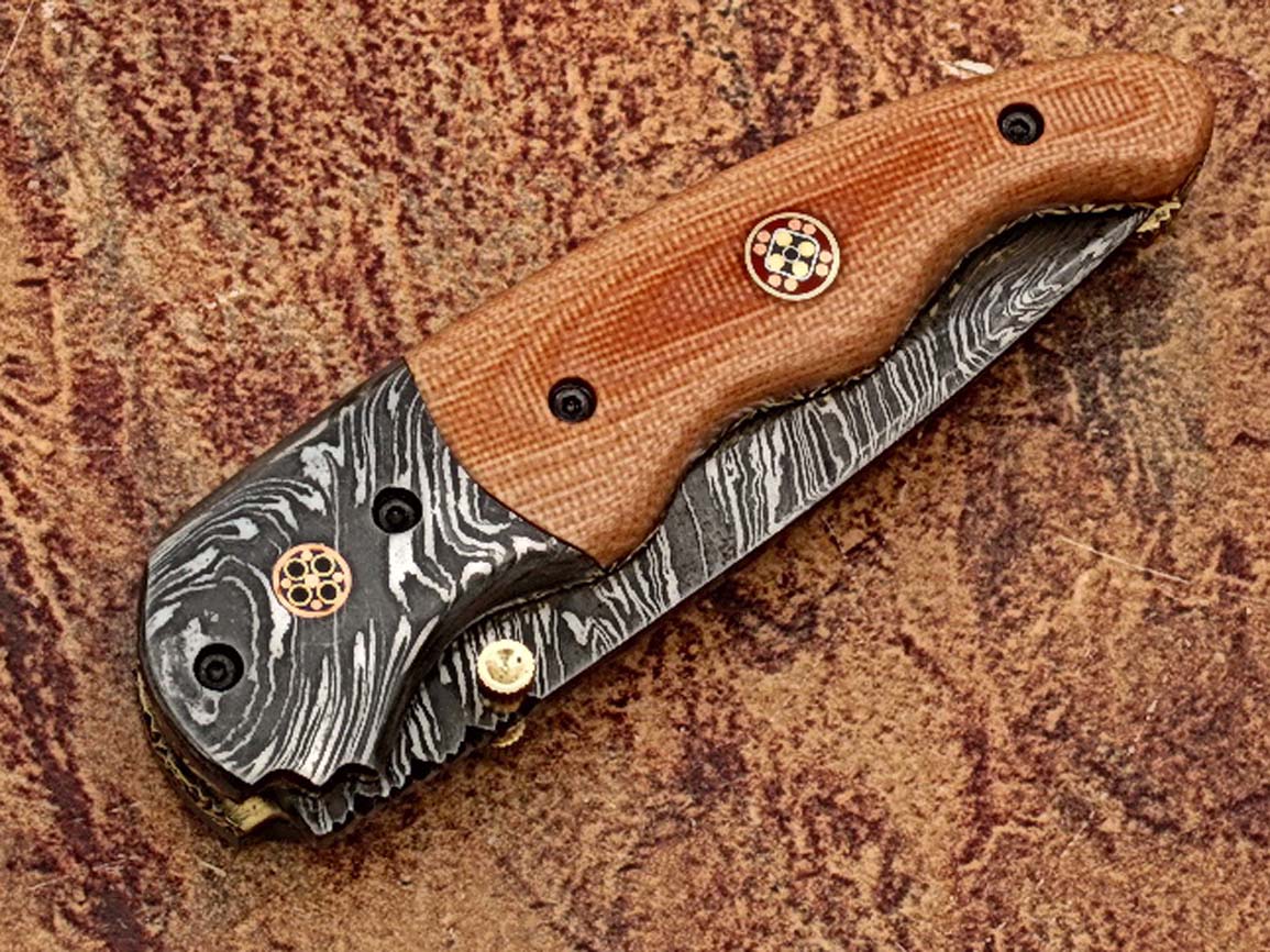 Signature Drop Point Unique Damascus Steel Folding Knife Micarta Wood Handle Handmade