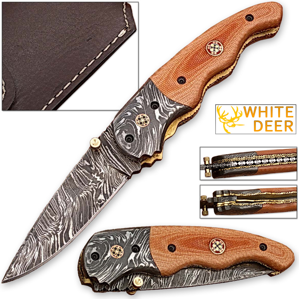 Signature Drop Point Unique Damascus Steel Folding Knife Micarta Wood Handle Handmade