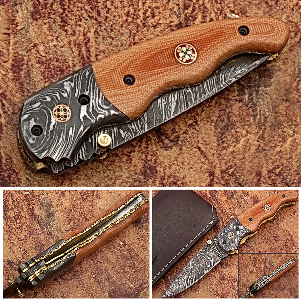 Signature Drop Point Unique Damascus Steel Folding Knife Micarta Wood Handle Handmade