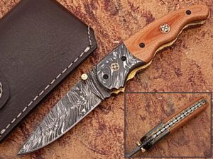 Signature Drop Point Unique Damascus Steel Folding Knife Micarta Wood Handle Handmade