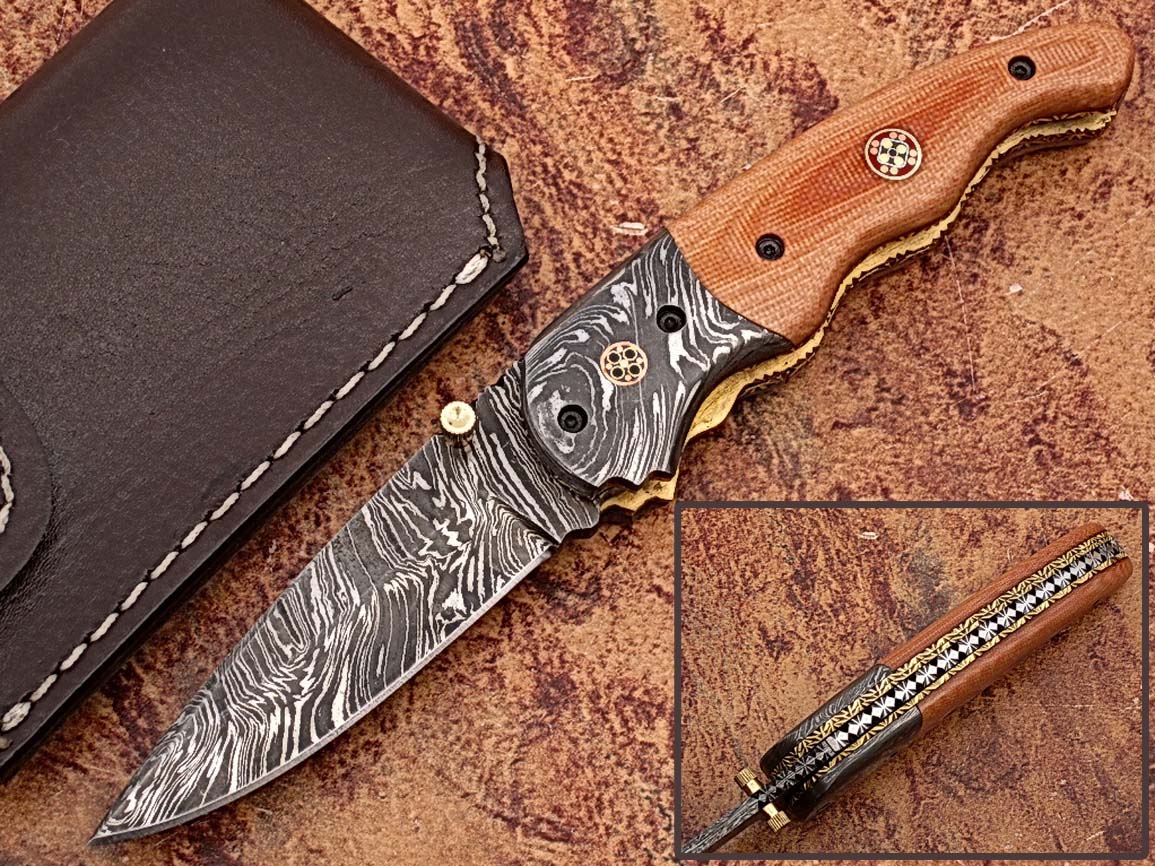 Signature Drop Point Unique Damascus Steel Folding Knife Micarta Wood Handle Handmade