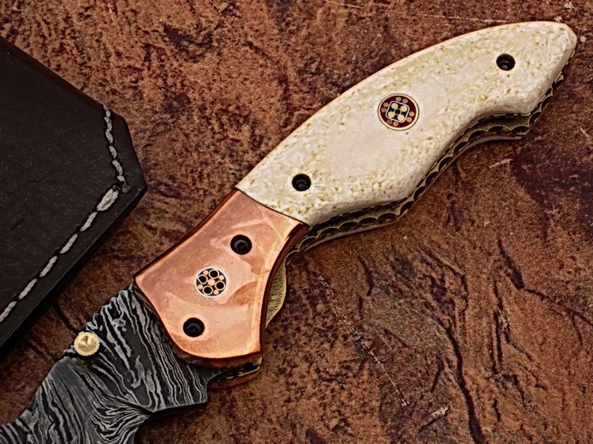 WHITE DEER Executive Series Damascus Folding Knife Rose Copper Bolster Bison Grip