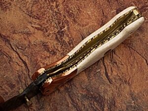WHITE DEER Executive Series Damascus Folding Knife Rose Copper Bolster Bison Grip
