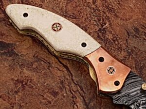 WHITE DEER Executive Series Damascus Folding Knife Rose Copper Bolster Bison Grip