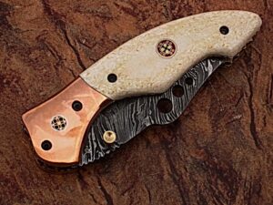 WHITE DEER Executive Series Damascus Folding Knife Rose Copper Bolster Bison Grip