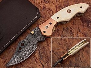 WHITE DEER Executive Series Damascus Folding Knife Rose Copper Bolster Bison Grip