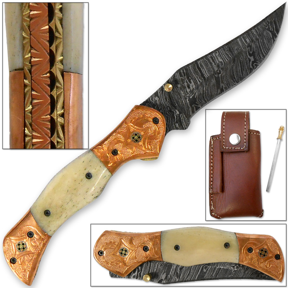 Magnum Rancher Damascus Folding Knife Engraved Copper Bolster Camel Bone Grip