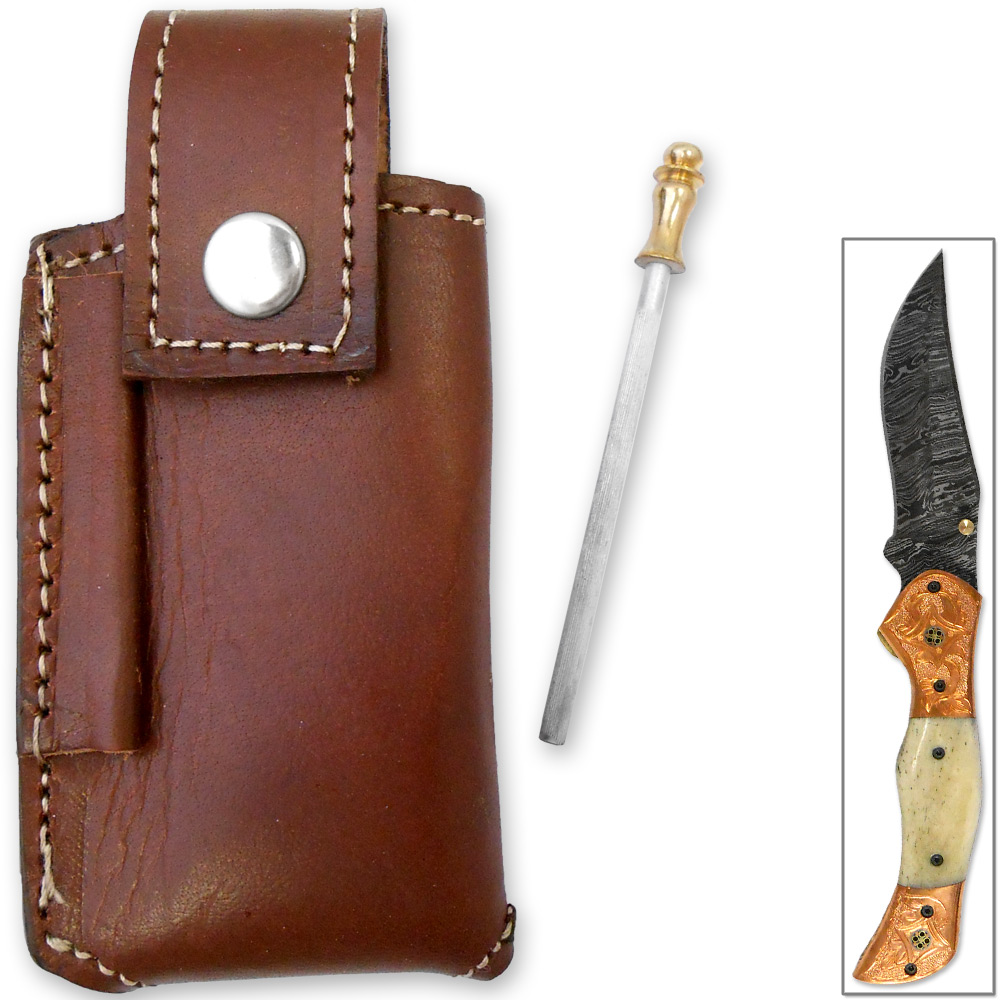 Magnum Rancher Damascus Folding Knife Engraved Copper Bolster Camel Bone Grip