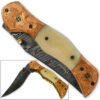 Magnum Rancher Damascus Folding Knife Engraved Copper Bolster Camel Bone Grip